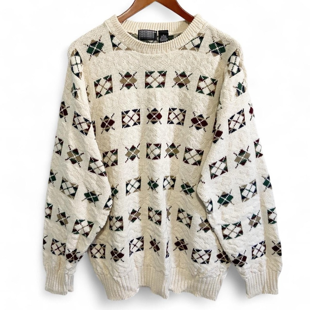 Vintage 90s Knightsbridge Made in USA Cream Argyle Sweater